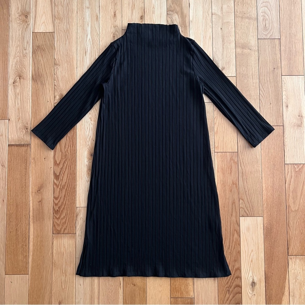 Eileen Fisher Washable Stretch Ribbed Funnel Neck Black Midi Dress Size XS - Picture 3 of 11